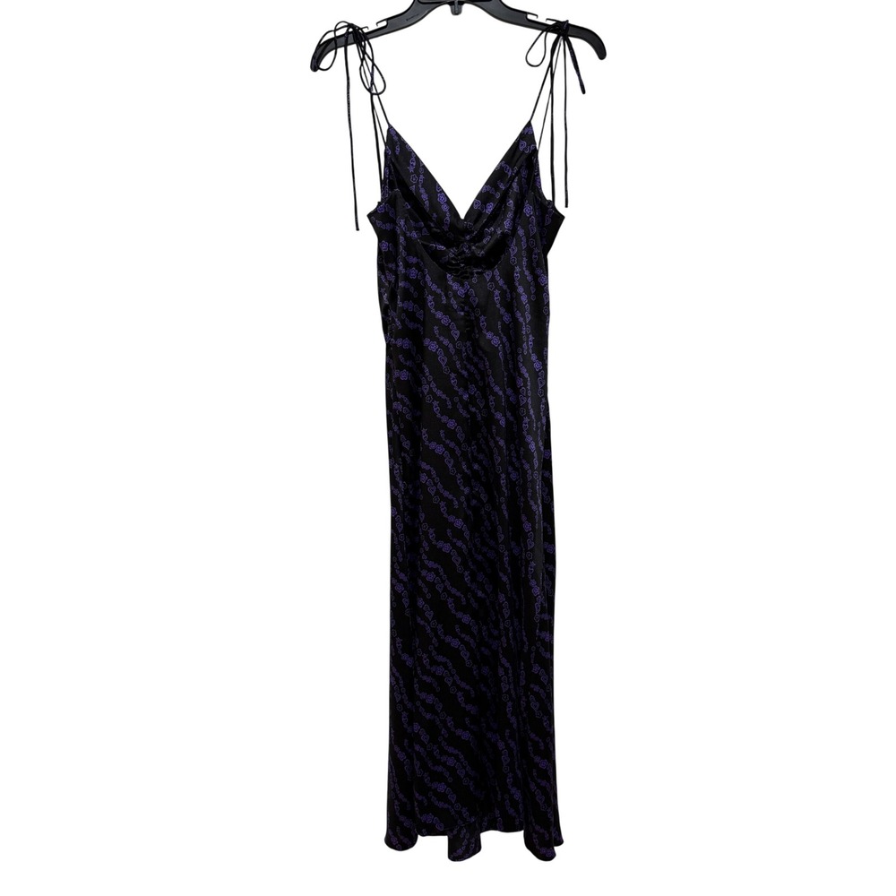 SANDRO Thais Ruched Crossback A-Line Midi Dress Noir Violet Heart Print 36 US 4 - Picture 5 of 14